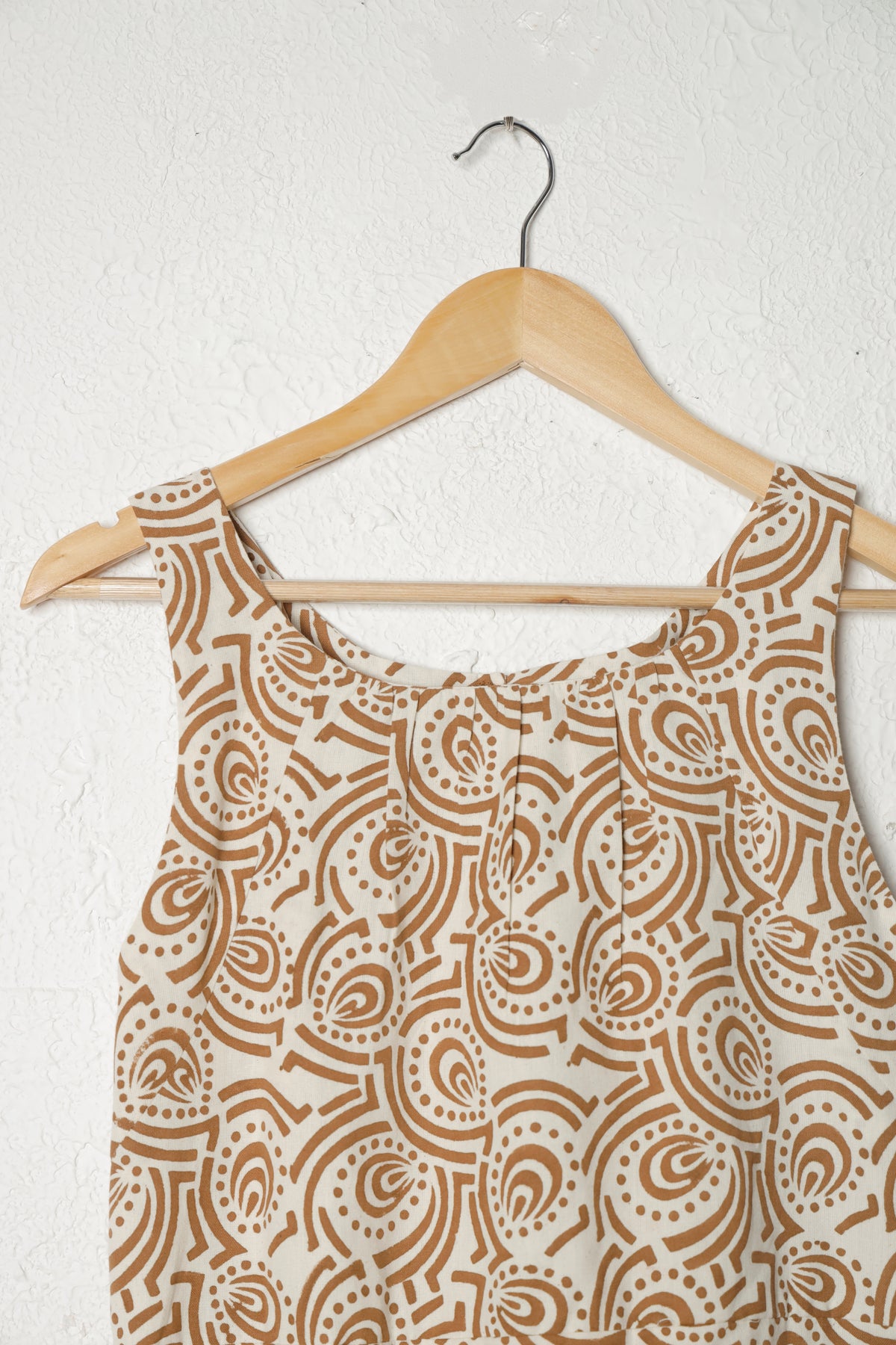 Off-White and Brown Sleeveless Block Print Khadi Dress