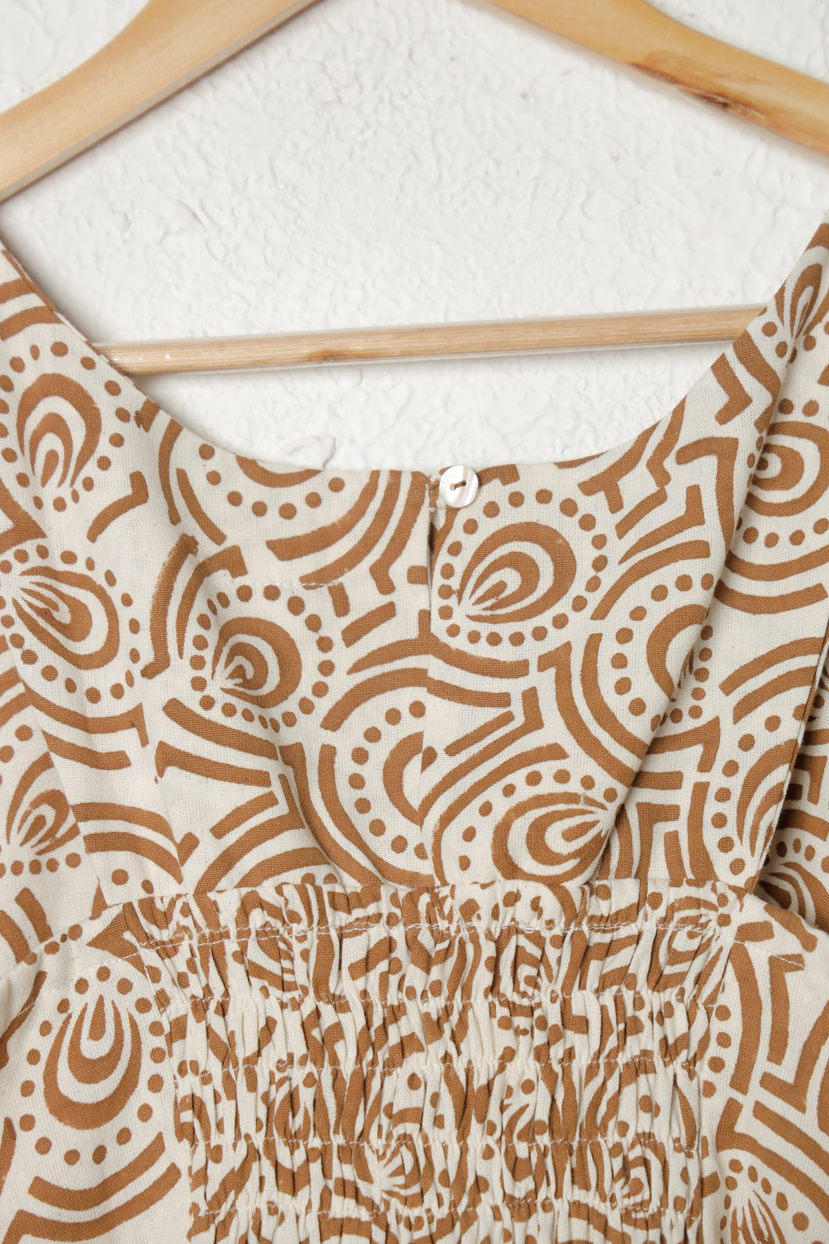Off-White and Brown Sleeveless Block Print Khadi Dress