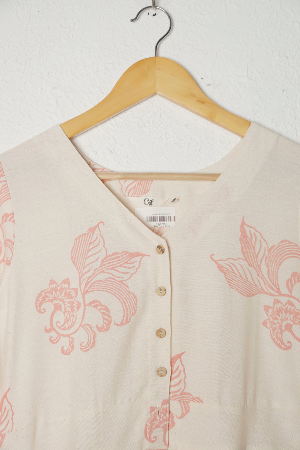 Off-White and Pink Block Print Khadi Dress