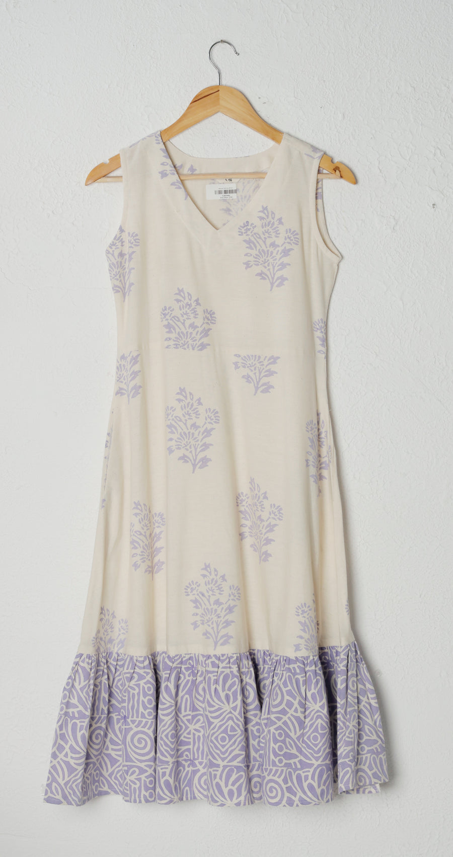 Off-White and Purple Sleeveless Block Print Khadi Dress