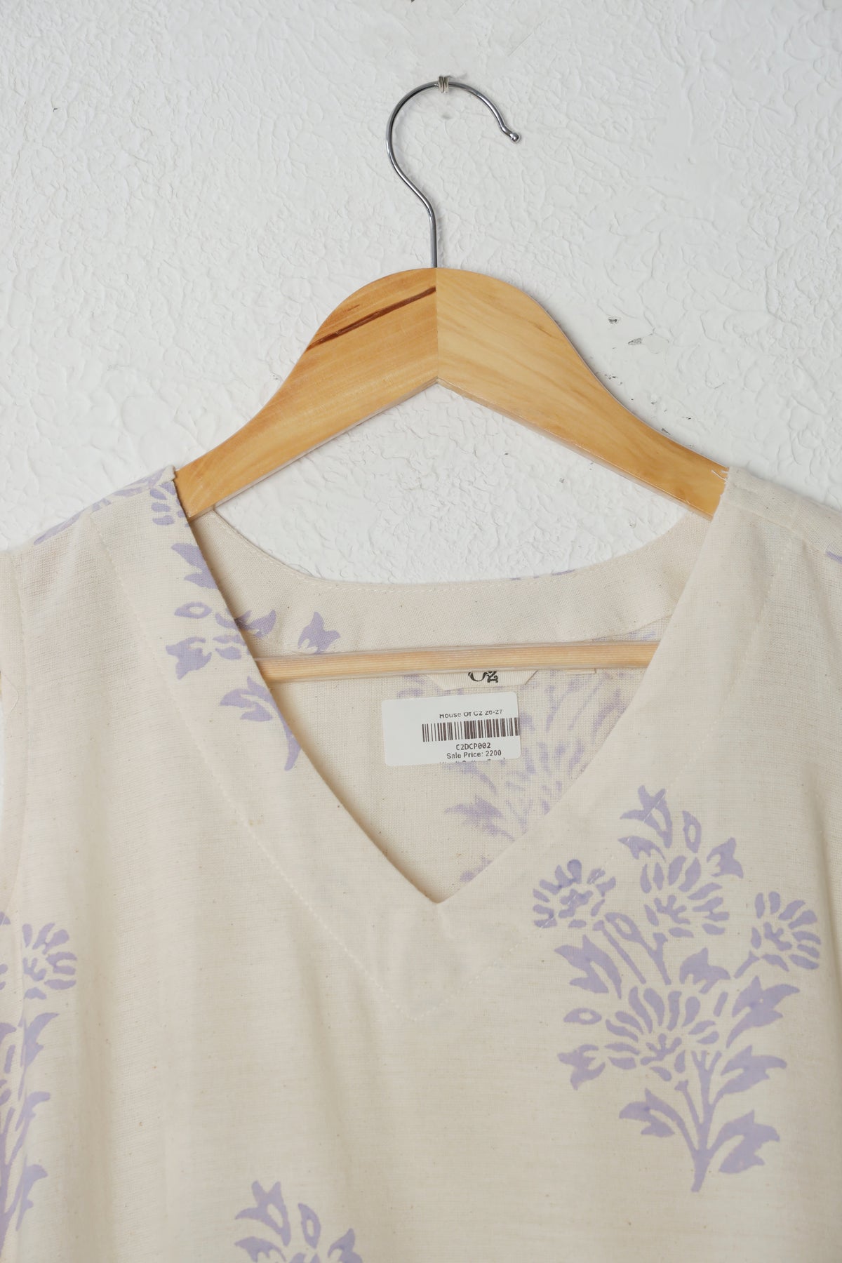 Off-White and Purple Sleeveless Block Print Khadi Dress