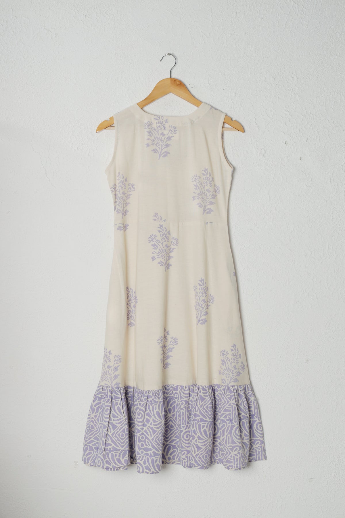 Off-White and Purple Sleeveless Block Print Khadi Dress