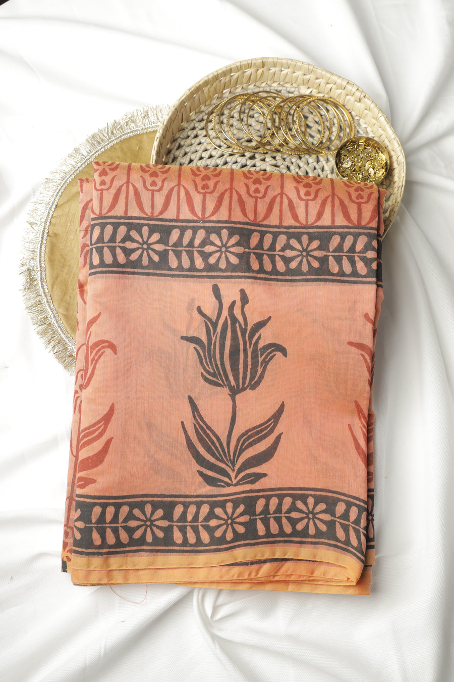 Orange Floral Boti Chanderi Cotton Sari