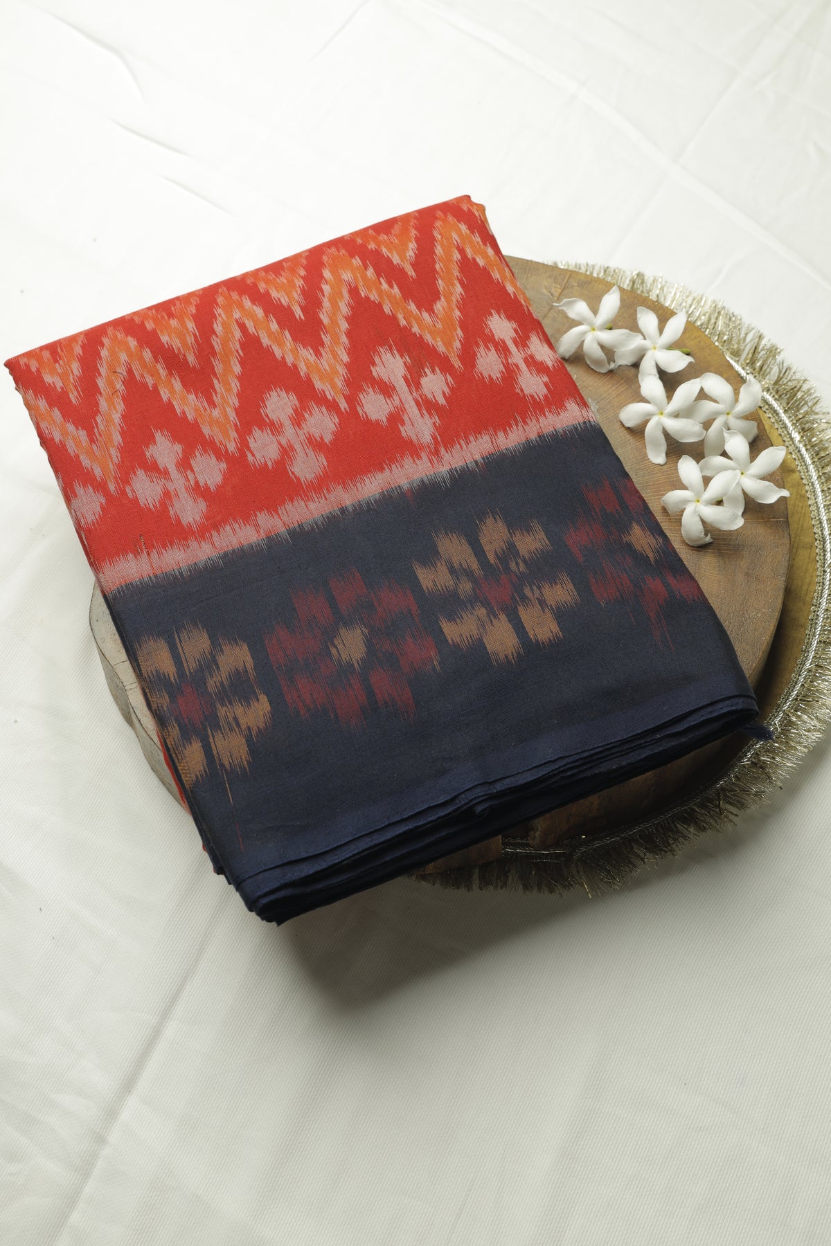 Orange Ikat Weave Handloom Cotton Sari