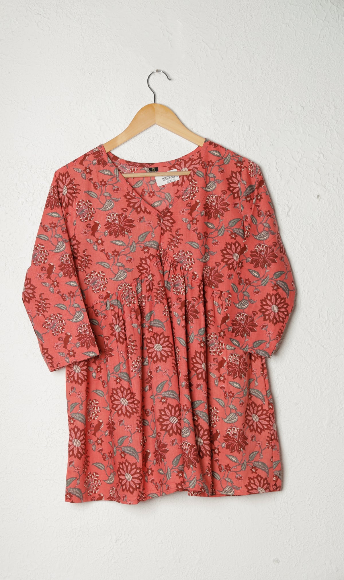 Peach Block Print Cotton Peplum Top