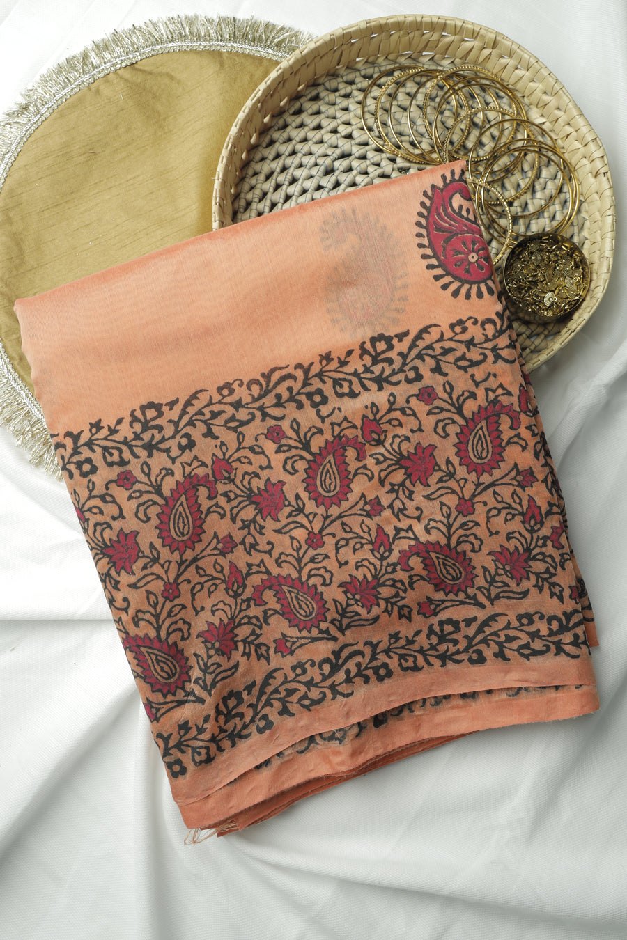 Peach Rani Pink Mango Motif Chanderi Cotton Sari