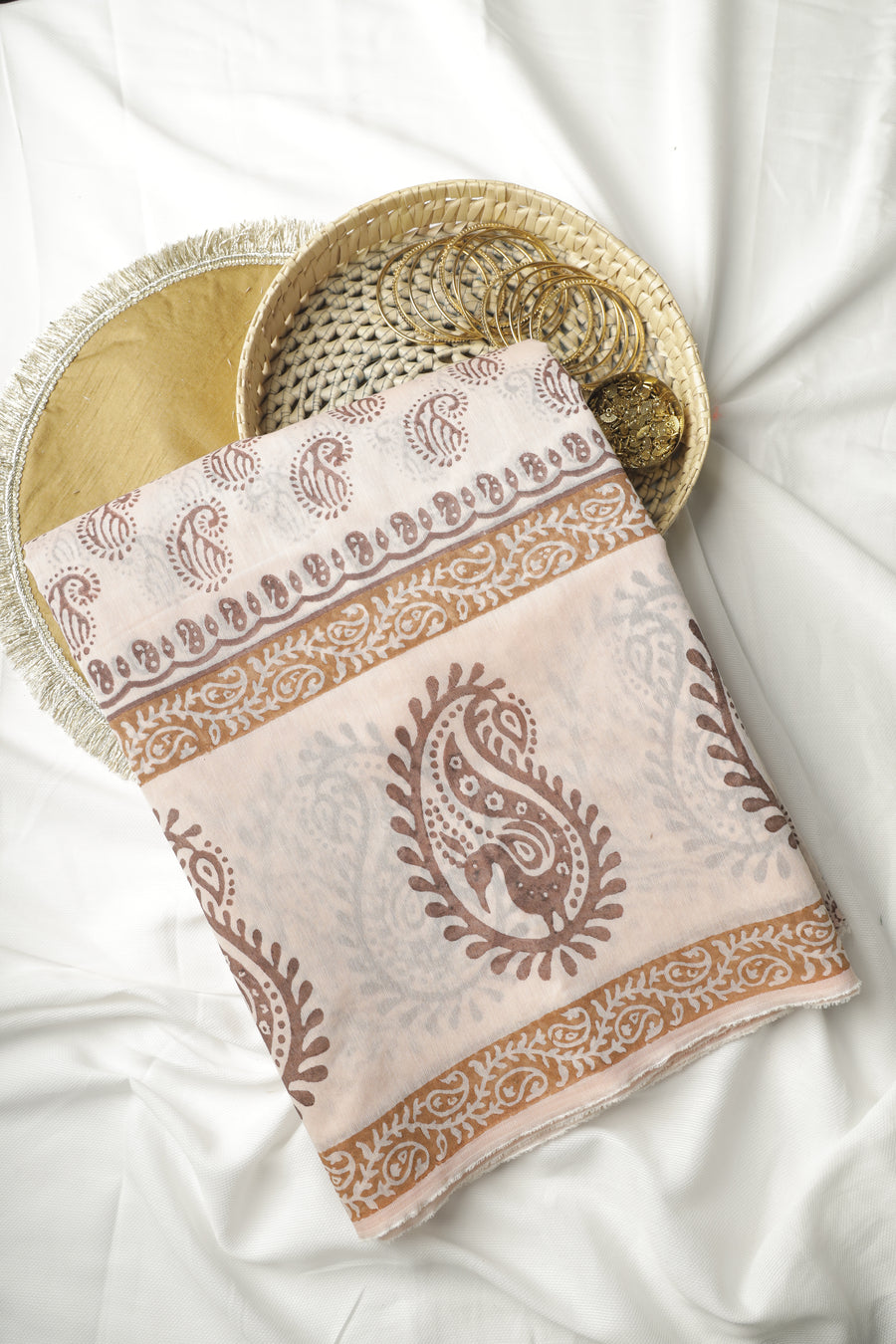Pink and Brown All-Over Print Chanderi Cotton Sari