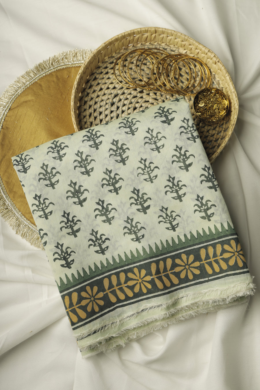 Pista Green All-Over Print Chanderi Cotton Sari