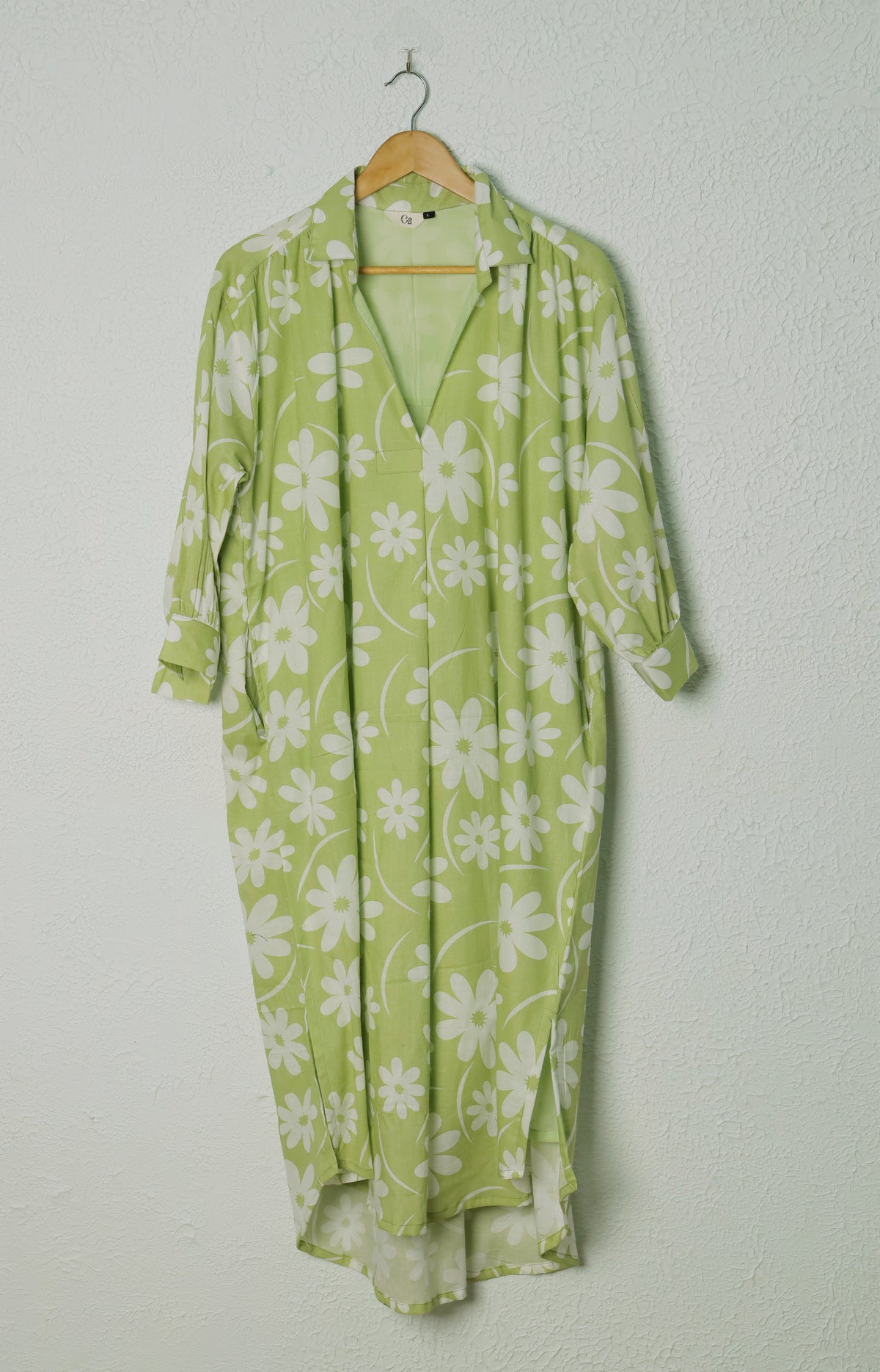 Pista Green Floral Print Cotton Shirt Dress