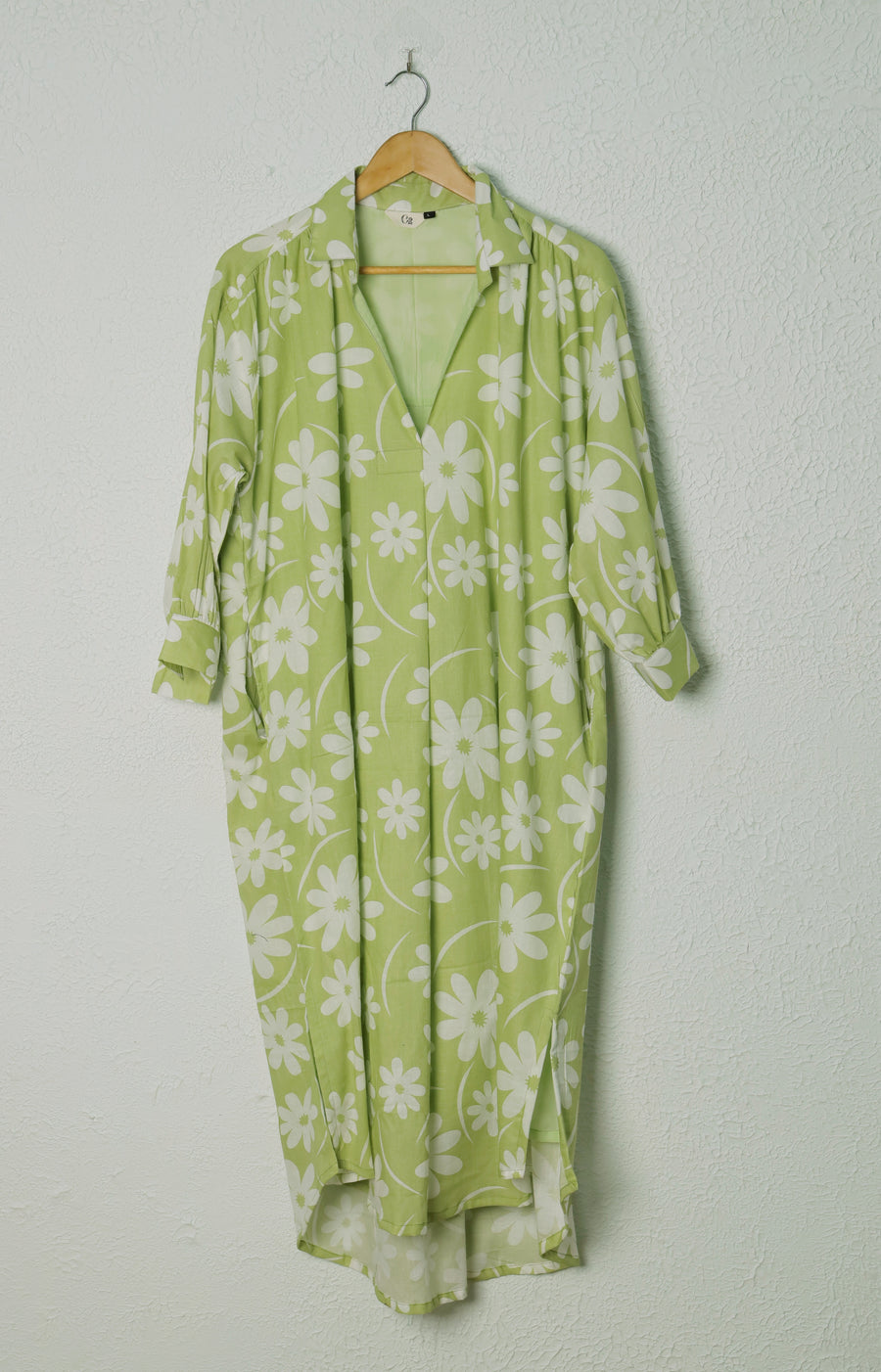 Pista Green Floral Print Cotton Shirt Dress