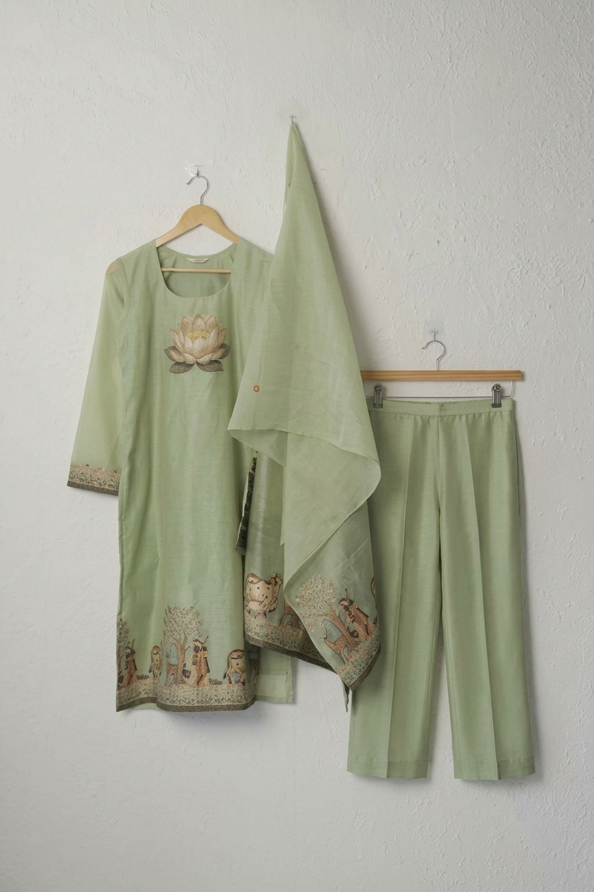 Pista Green Jamdani Mul Chanderi Kurta Set