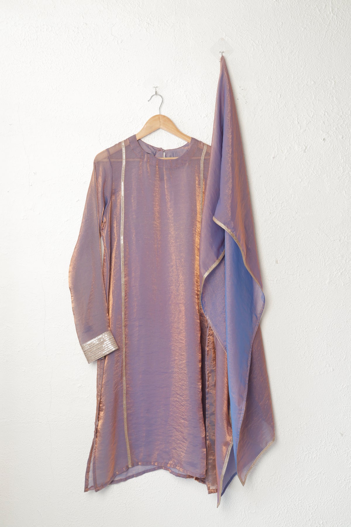Purple and Beige Fendi Chiffon Kurta Set with Lace Work