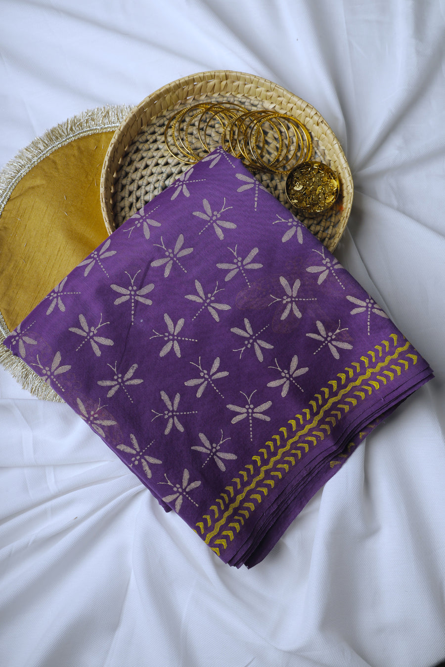 Purple and Beige Dragonfly Print Chanderi Cotton Sari