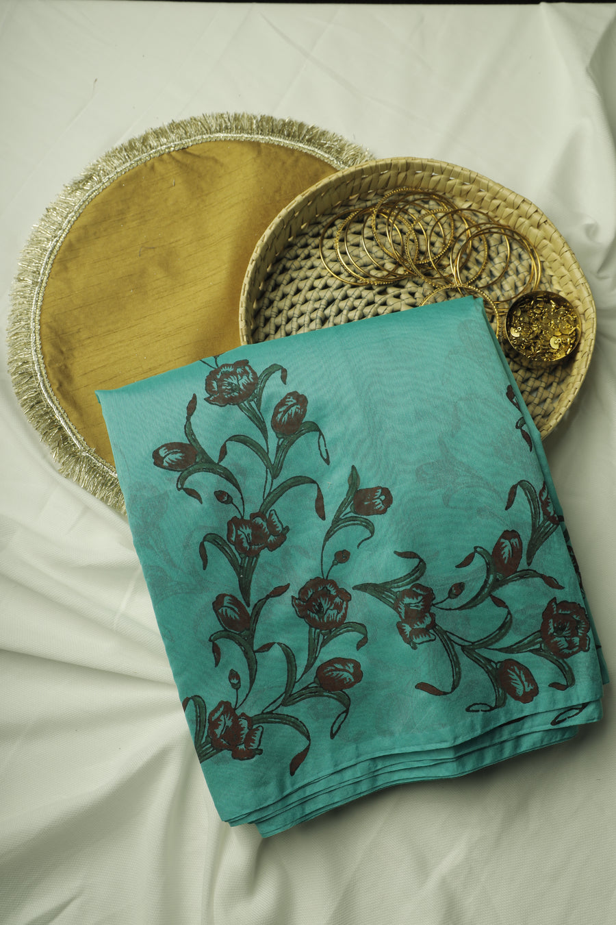 Rama Green Floral Print Chanderi Cotton Sari