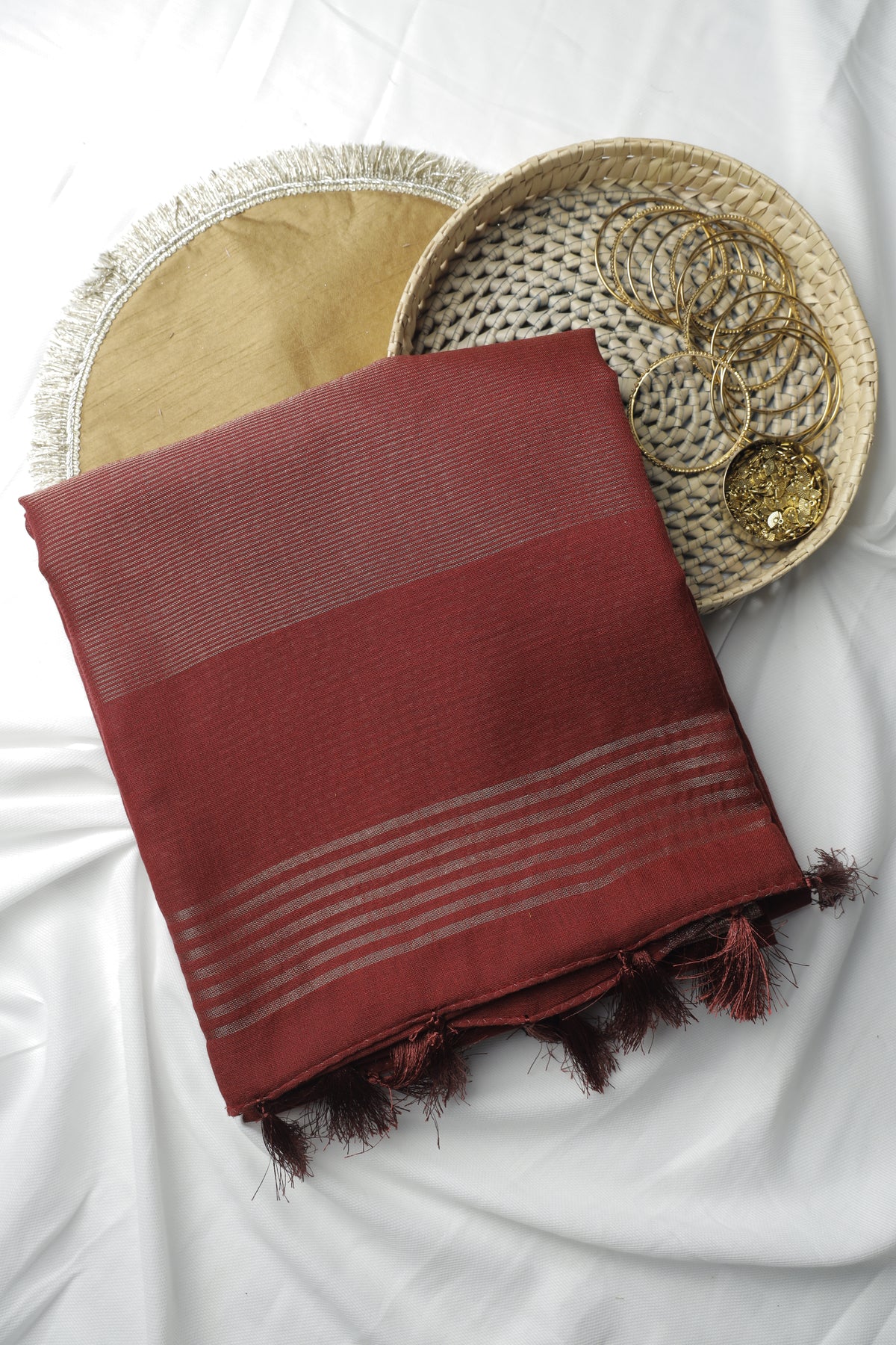 Red Plain Linen Cotton Sari