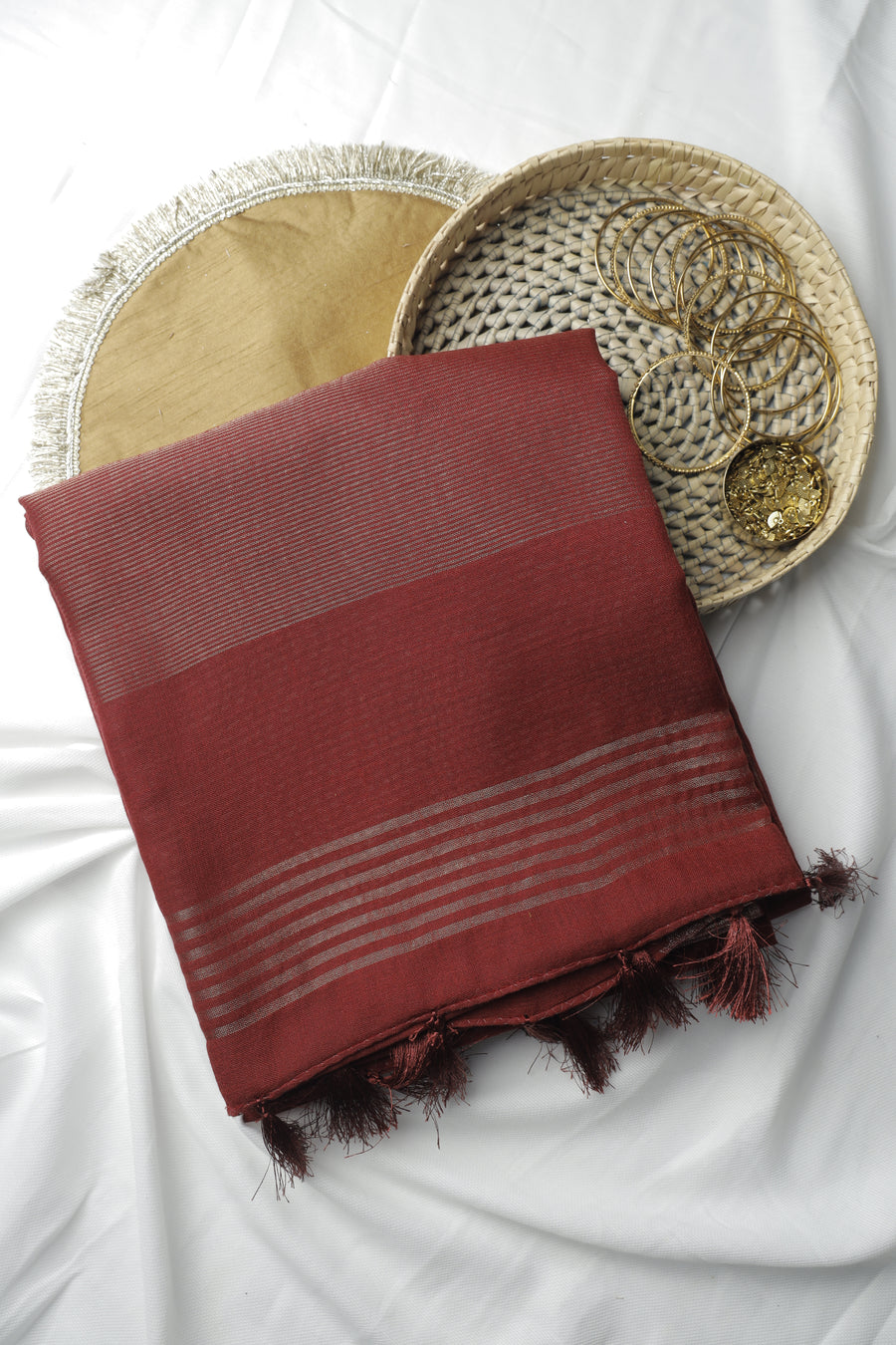 Red Plain Linen Cotton Sari