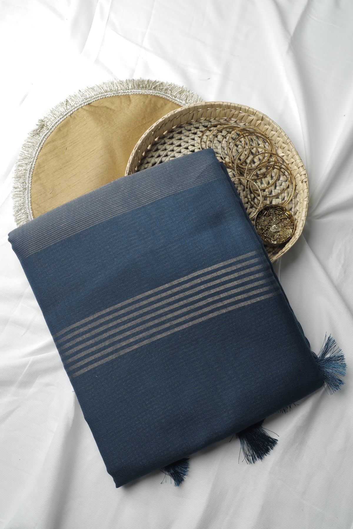 Teal Blue Plain Linen Cotton Sari