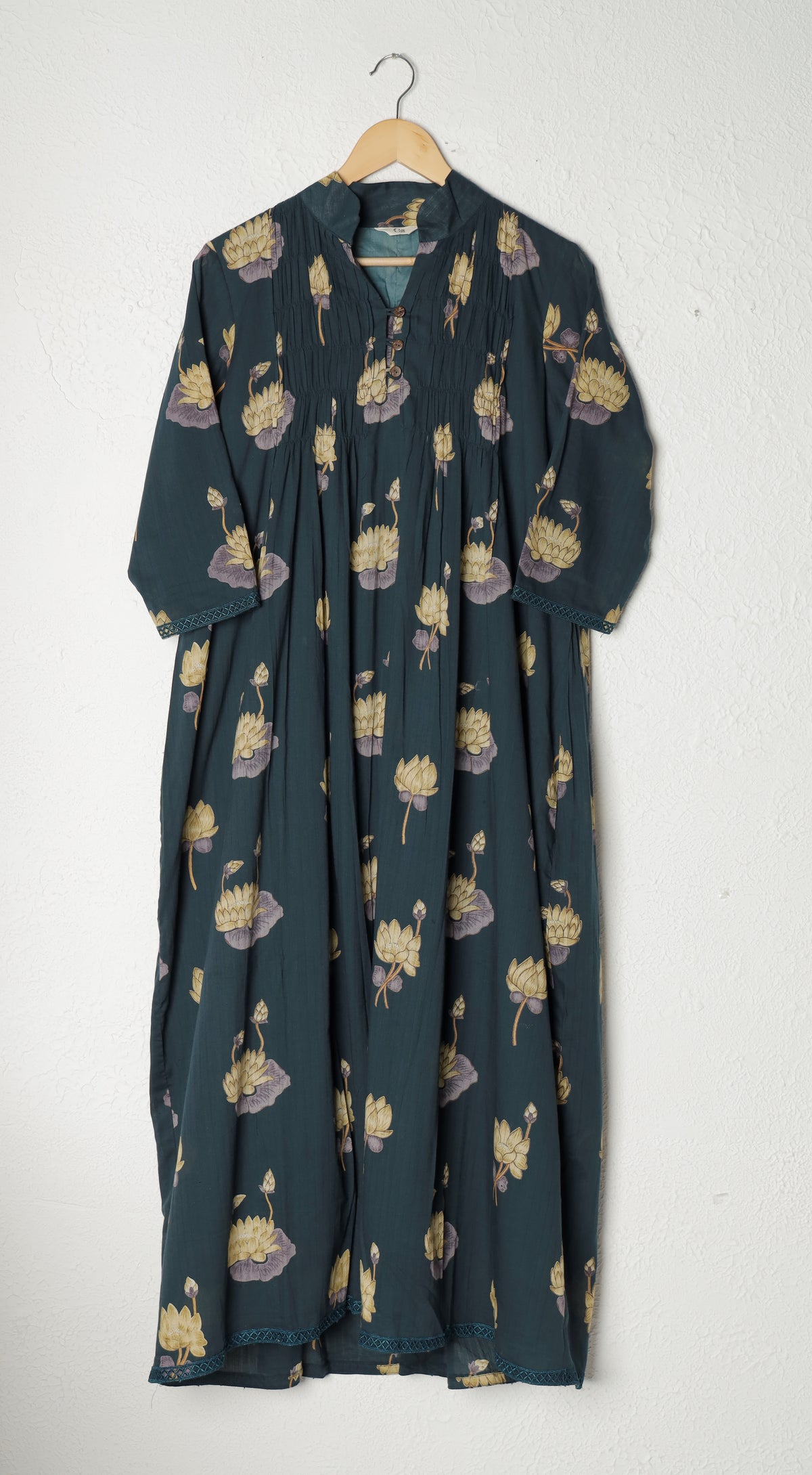 Teal Blue Pleated Lotus Block Print Cotton Dress