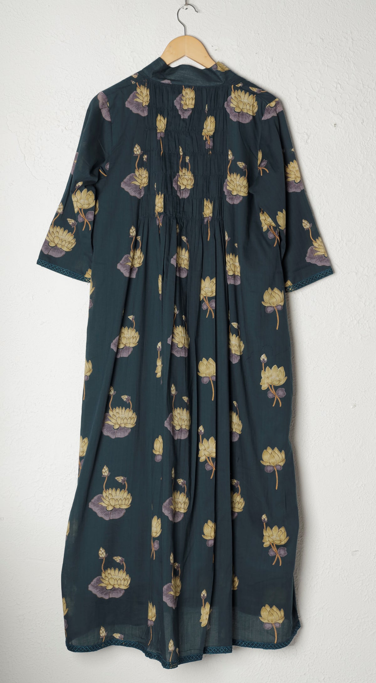 Teal Blue Pleated Lotus Block Print Cotton Dress