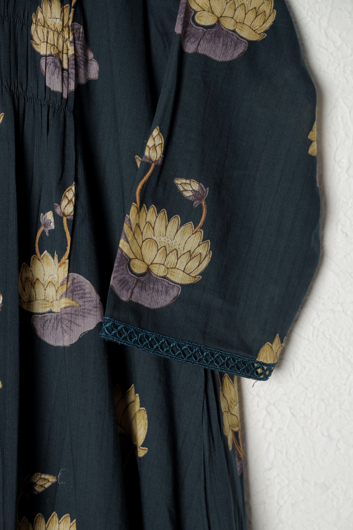 Teal Blue Pleated Lotus Block Print Cotton Dress
