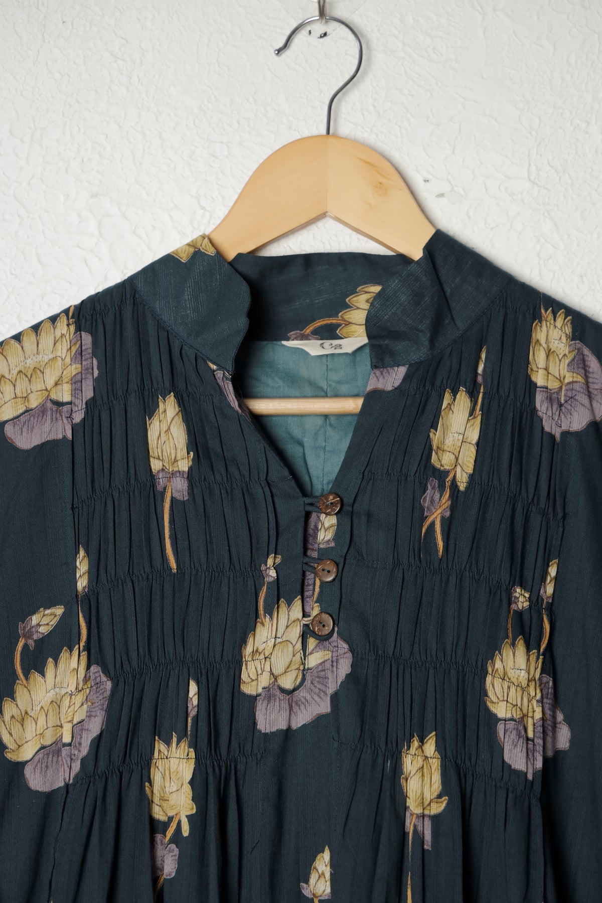 Teal Blue Pleated Lotus Block Print Cotton Dress