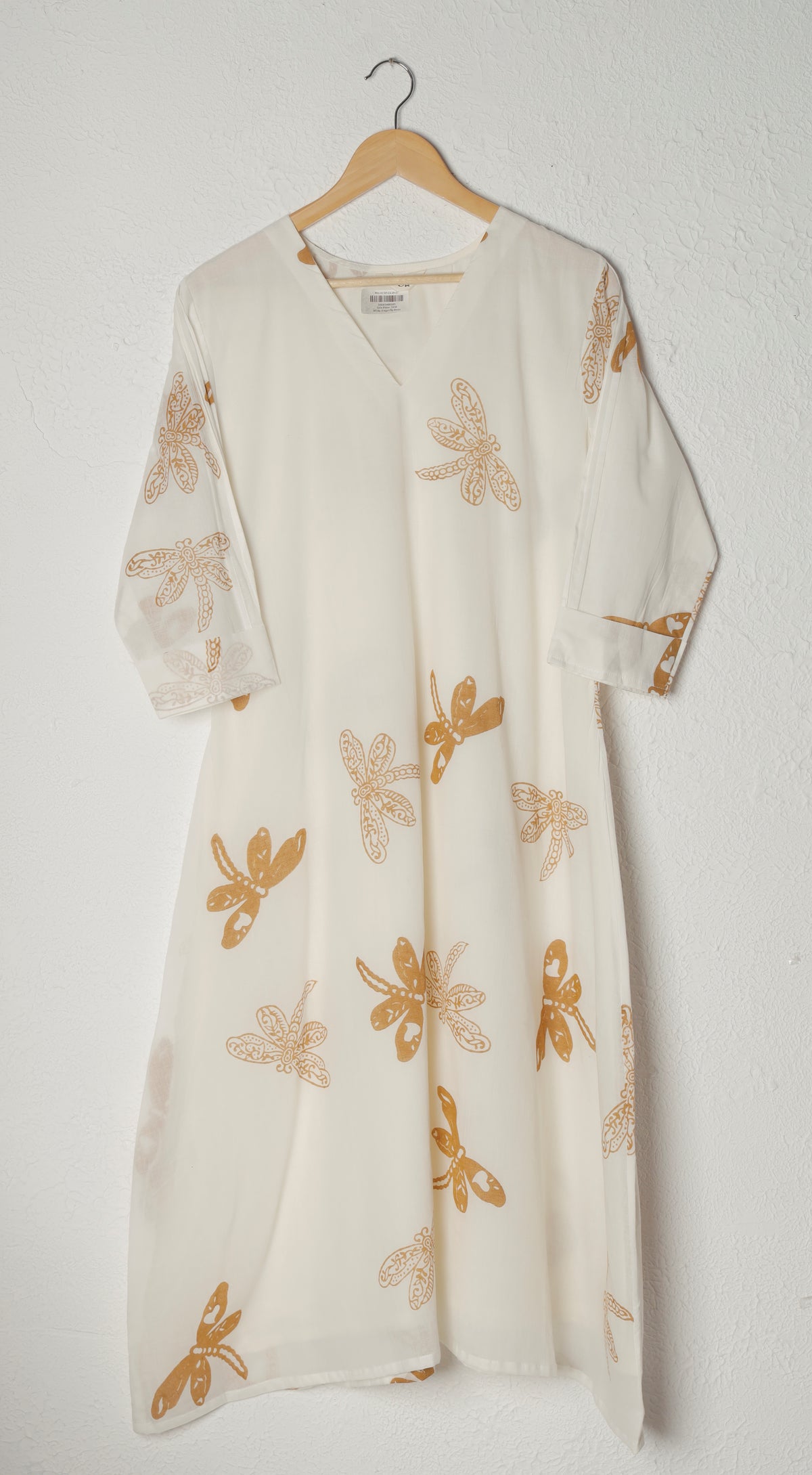 White A-Line Dragonfly Hand Block Print Mul Cotton Dress