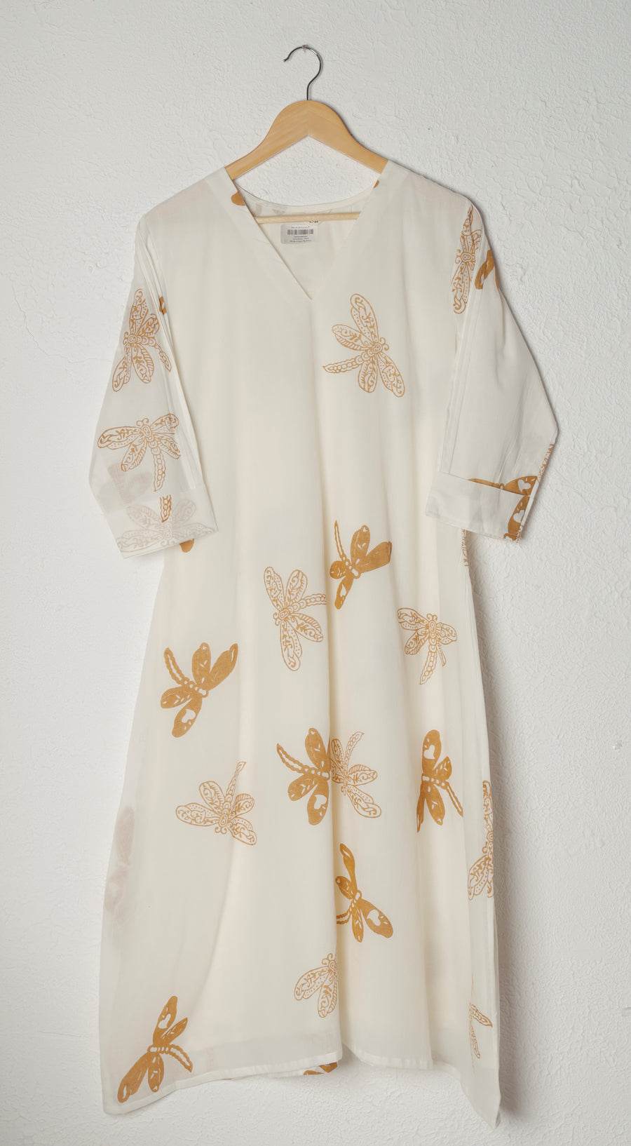 White A-Line Dragonfly Hand Block Print Mul Cotton Dress