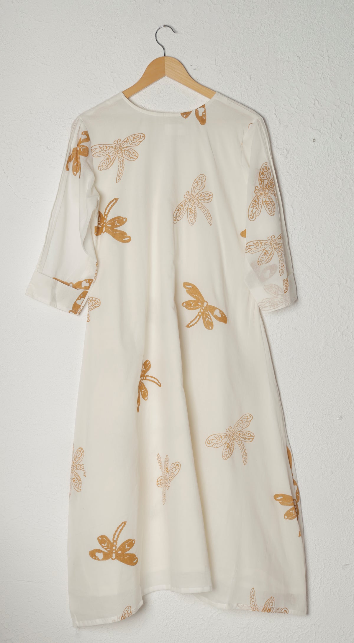 White A-Line Dragonfly Hand Block Print Mul Cotton Dress