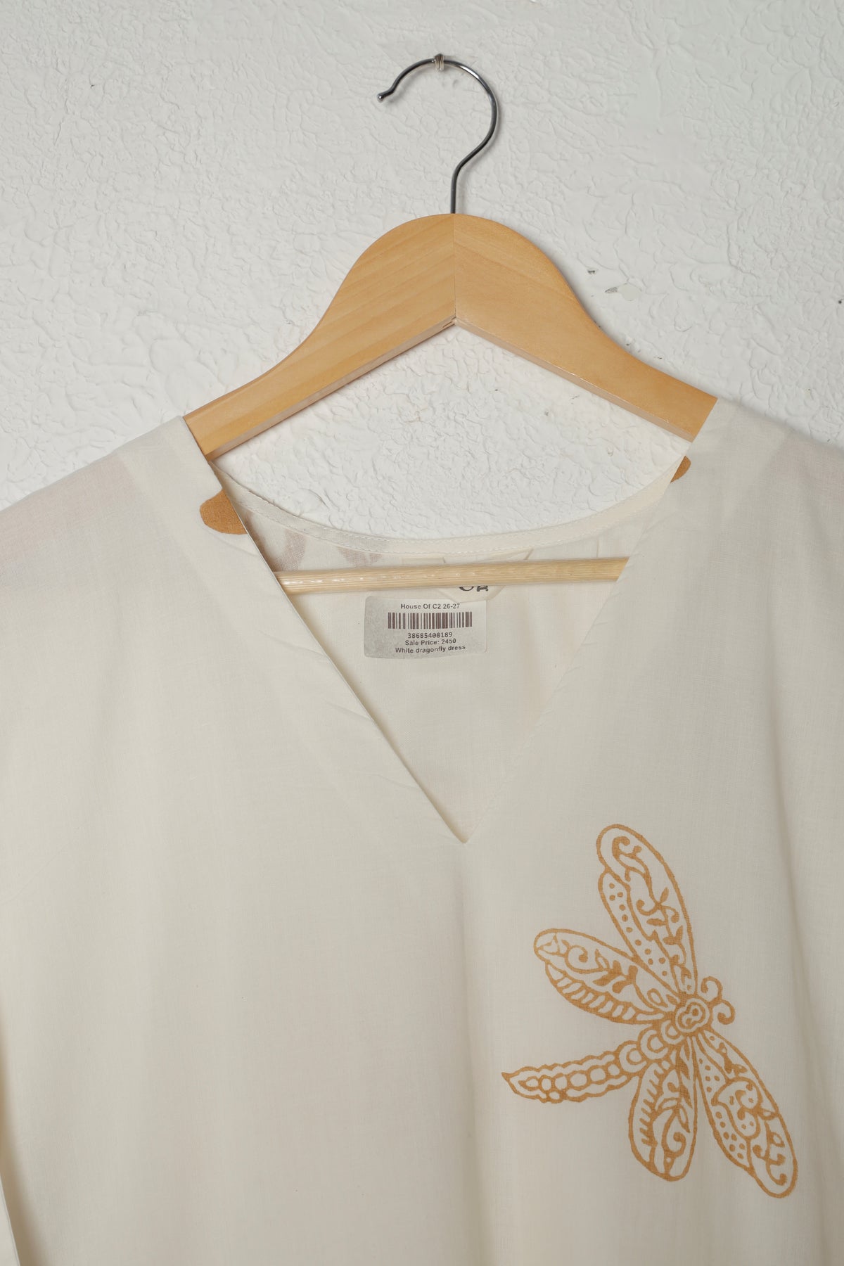 White A-Line Dragonfly Hand Block Print Mul Cotton Dress