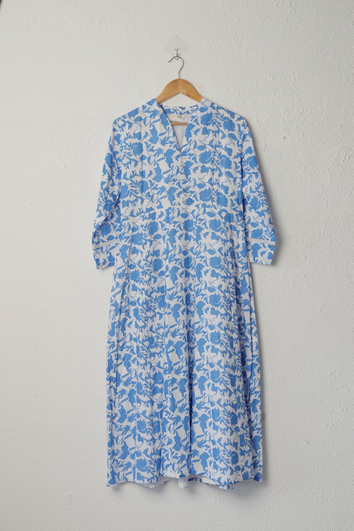 White and Blue Floral Print Cotton Dress