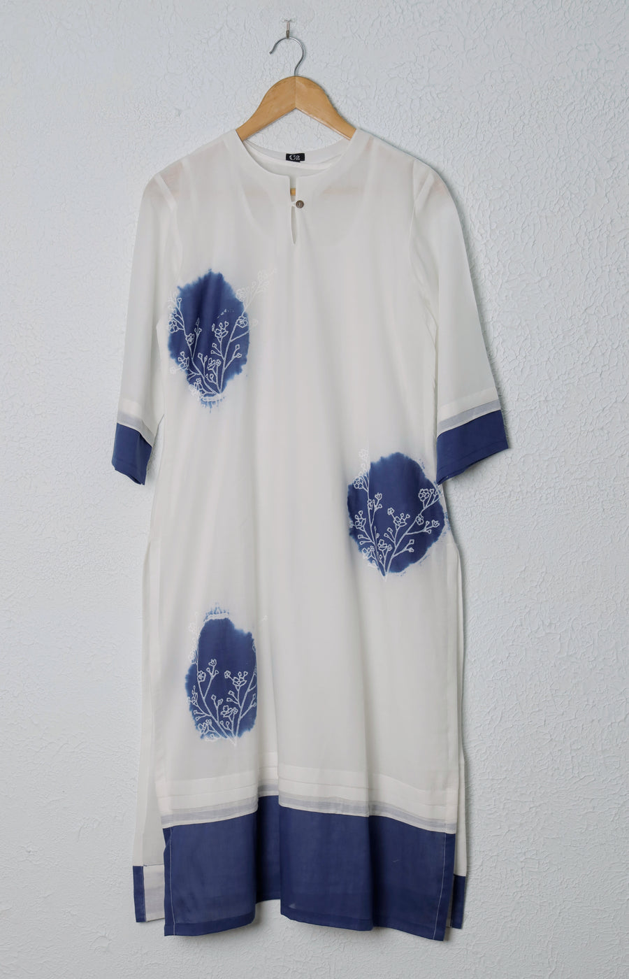White and Blue Block Printed Mul Cotton Kurta