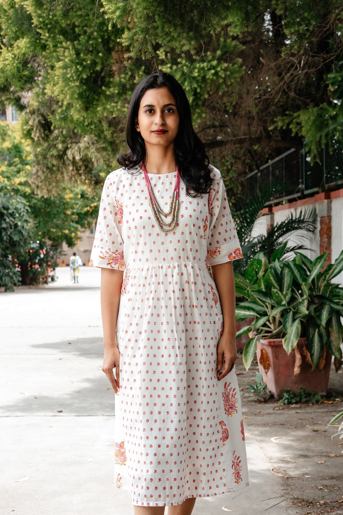 White and Red Block Print Mul Cotton Dress