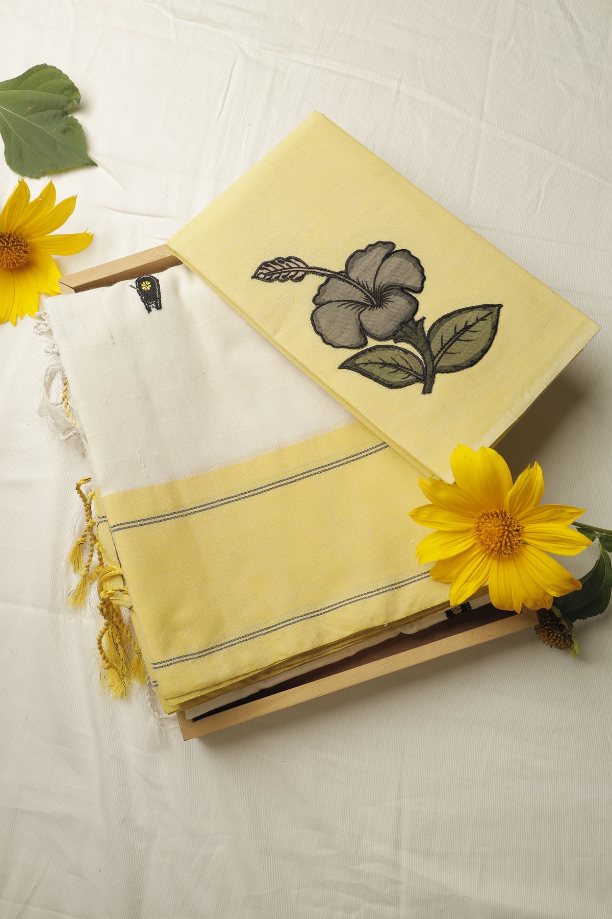 White and Yellow Bengal Cotton Handloom Sari