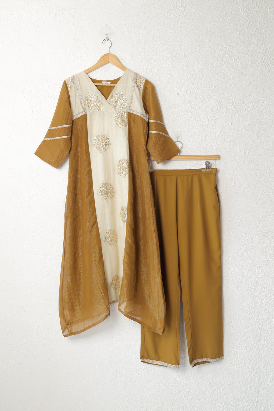 White and Mustard Crushed Silk Kurta