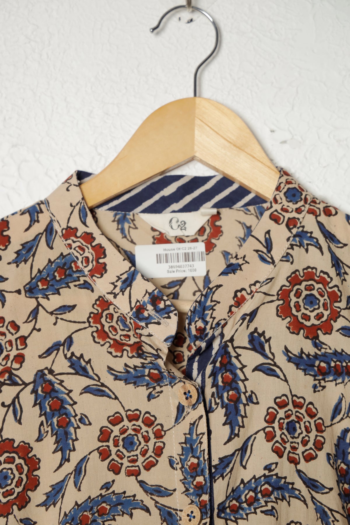 White and Blue Ajrak Block Print Cotton Top
