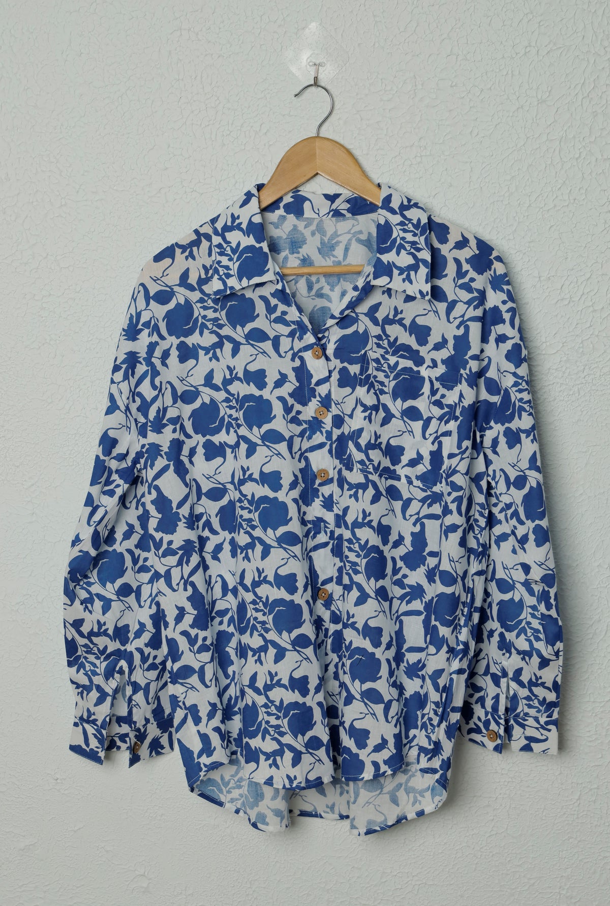 White and Navy Blue Floral Print Cotton Shirt