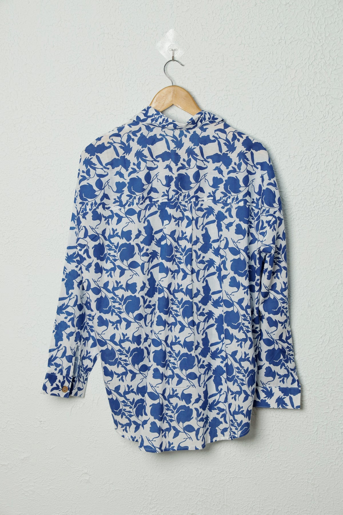White and Navy Blue Floral Print Cotton Shirt