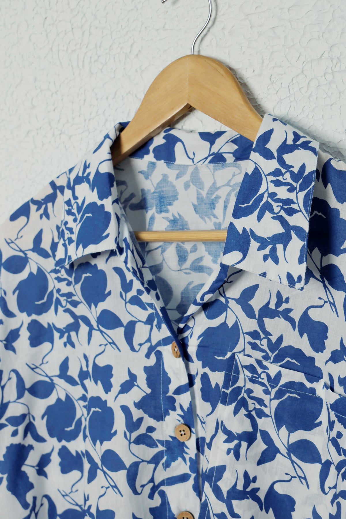 White and Navy Blue Floral Print Cotton Shirt