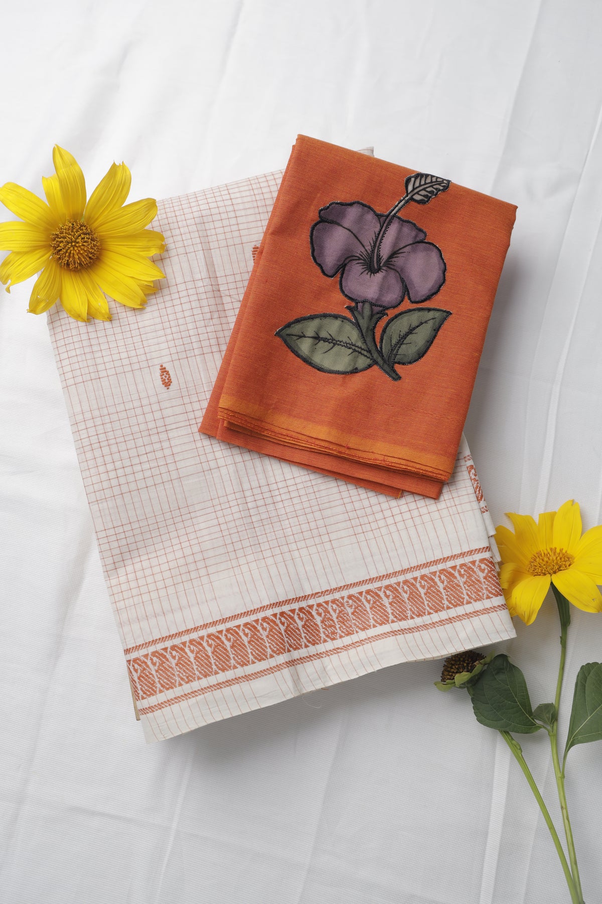 White and Orange N Handloom Loom Sari